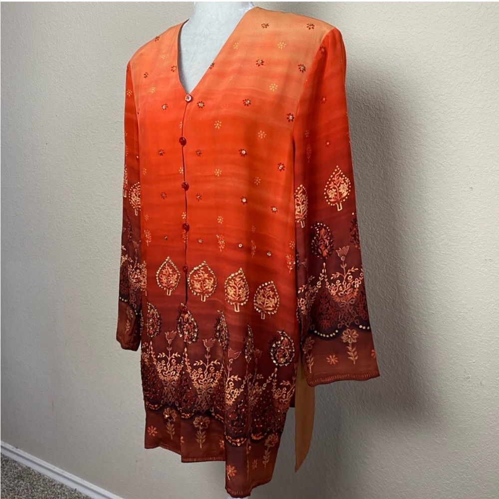 Vintage Diane Gilman Orange & Rust Sequin Button Front Tunic Top Size Medium - Picture 7 of 8